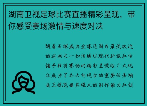 湖南卫视足球比赛直播精彩呈现，带你感受赛场激情与速度对决